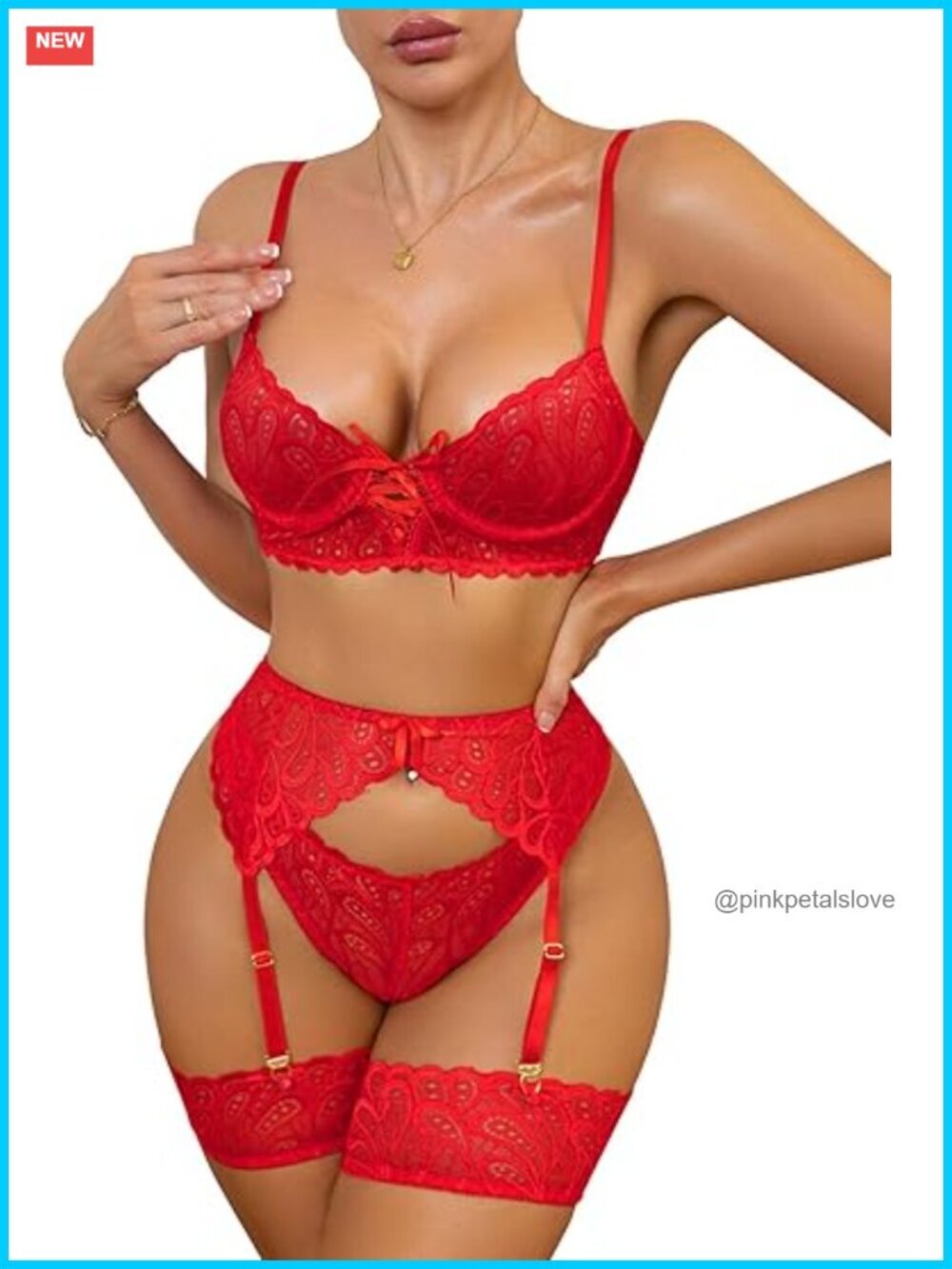 3 Piece Lace Lingerie Set Push Up Bra Panty Garter Belt Adjustable Straps